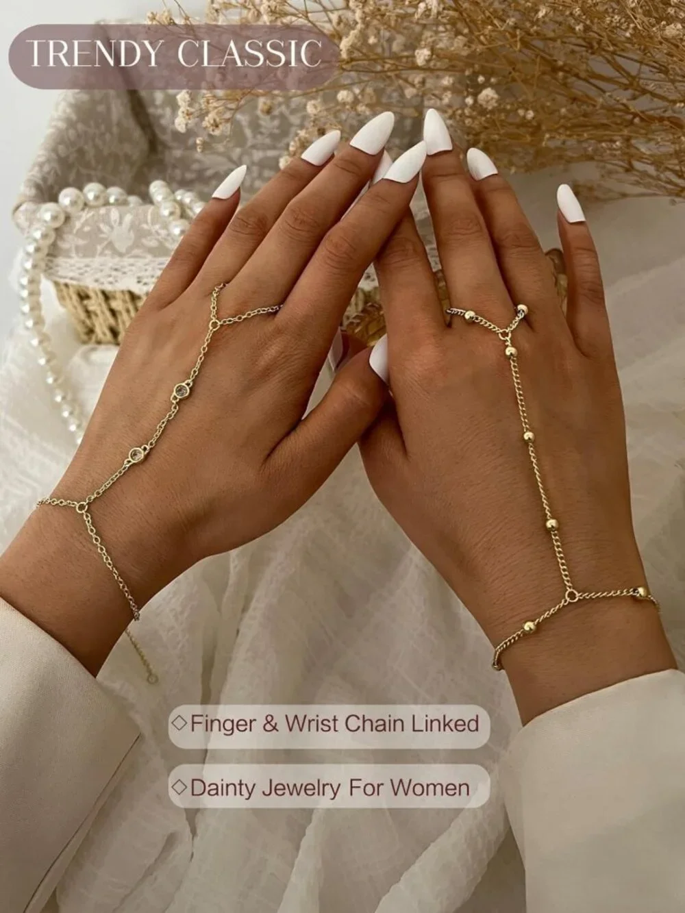 Dainty Gold Hand Chain Bracelets Set - 14K Plated Stackable Ring & Beaded